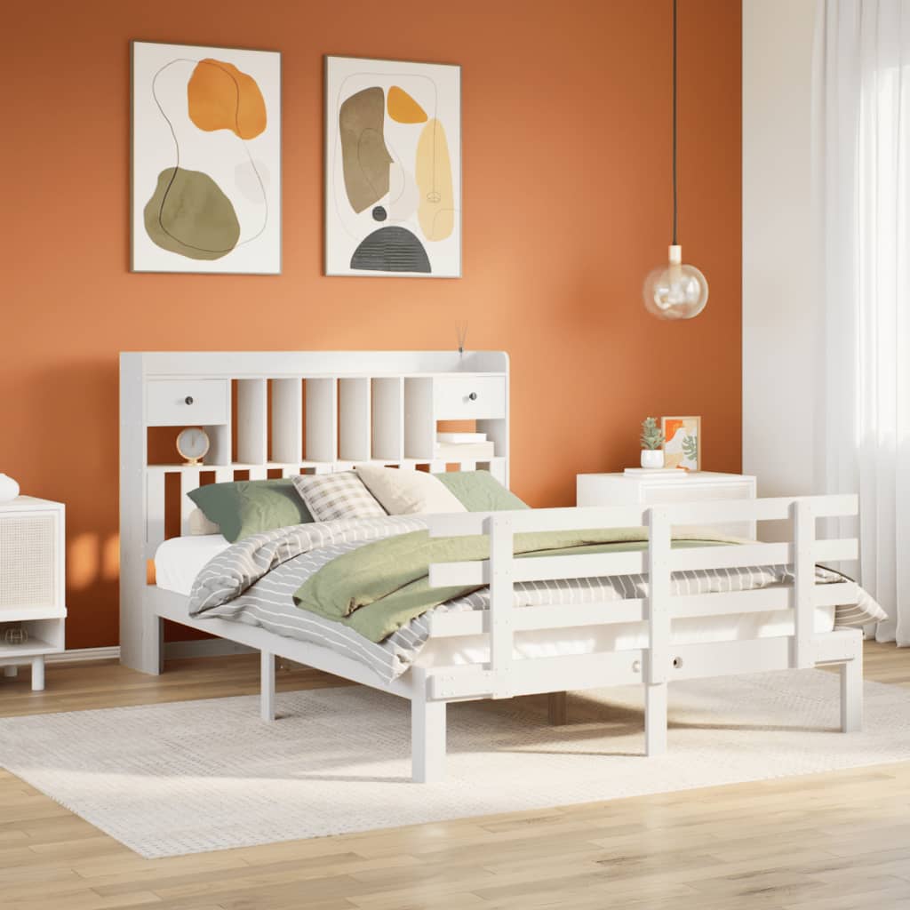 Bookcase Bed White 150x200cm King Solid Wood Pine - All Things Good