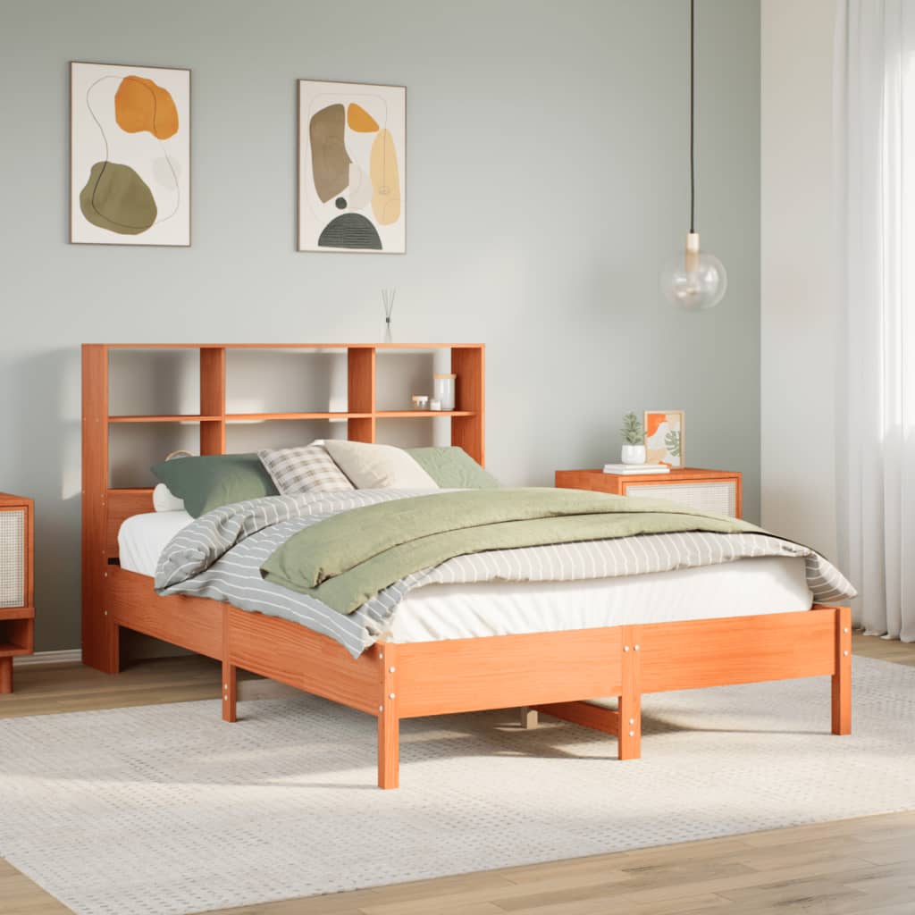 Bookcase Bed Wax Brown 135x190cm Double Solid Wood Pine - Decor Base