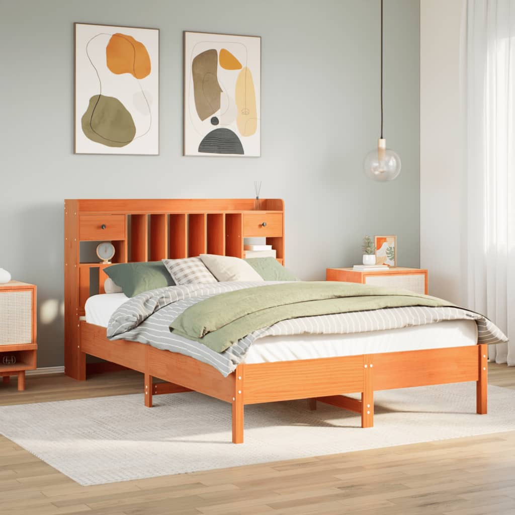 Bookcase Bed Wax Brown 135x190cm Double Solid Wood Pine - Decor Base