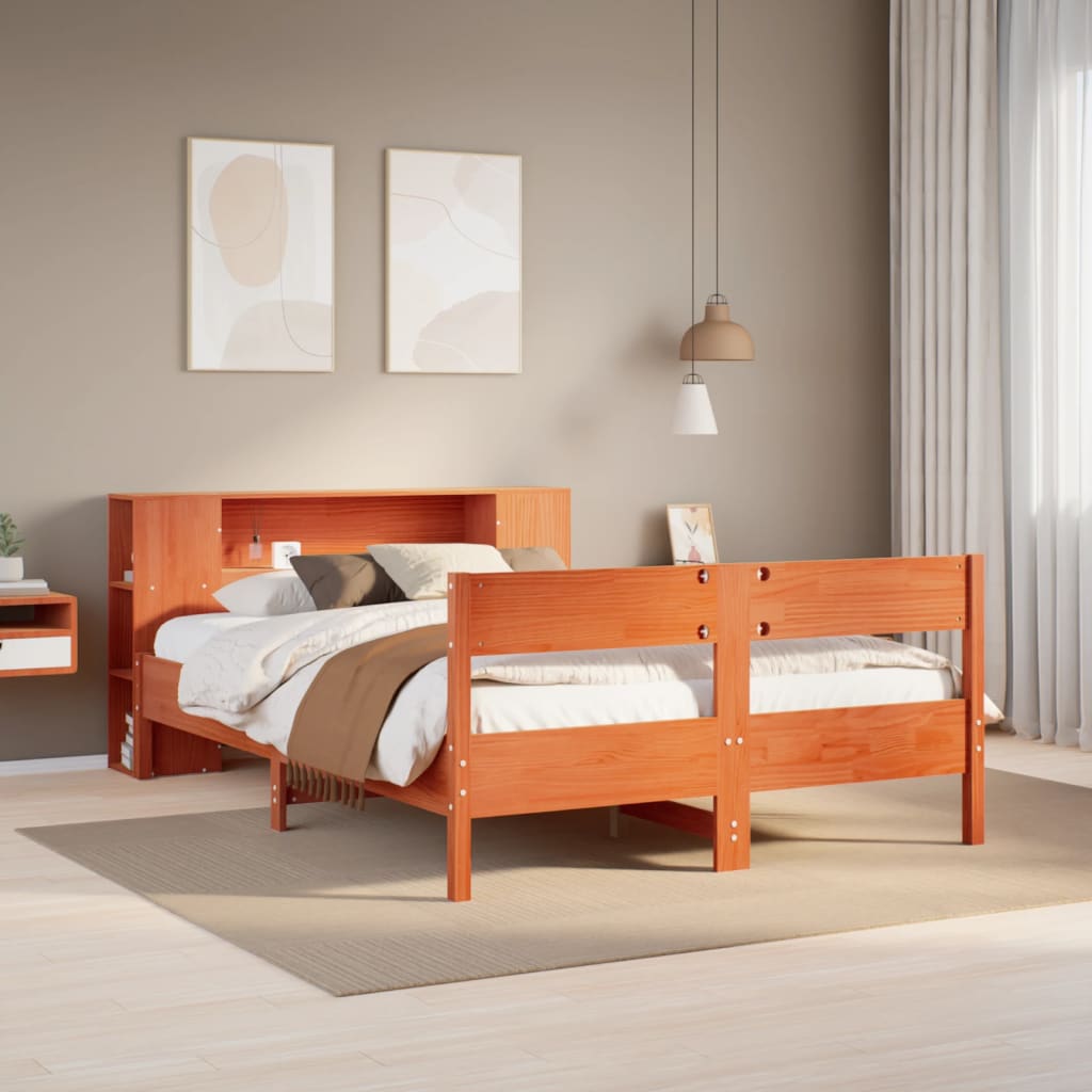 Bookcase Bed Wax Brown 150x200cm King Size Solid Wood Pine - All Things Good