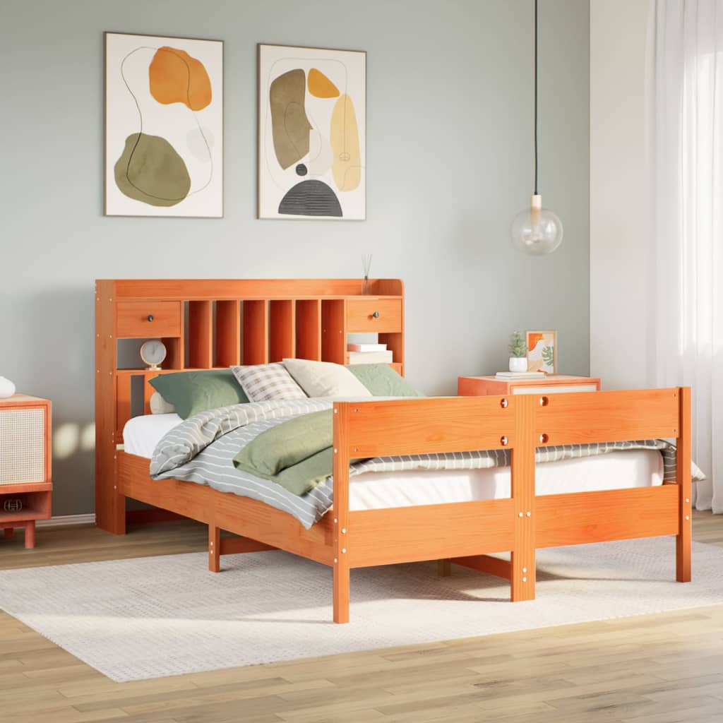 Bookcase Bed Wax Brown 135x190cm Double Solid Wood Pine - Sid & Sam