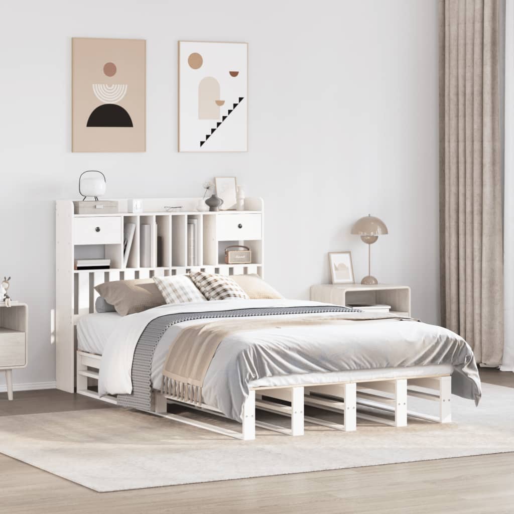 Bookcase Bed White 135x190cm Double Solid Wood Pine - Decor Base