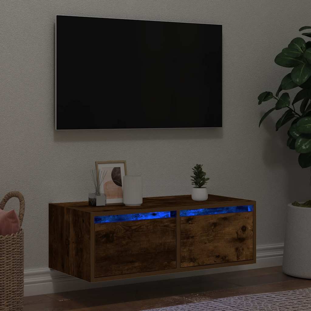 TV Cabinet with LED Lights Smoked Oak 75x35.5x25 cm - Merkel Designers
