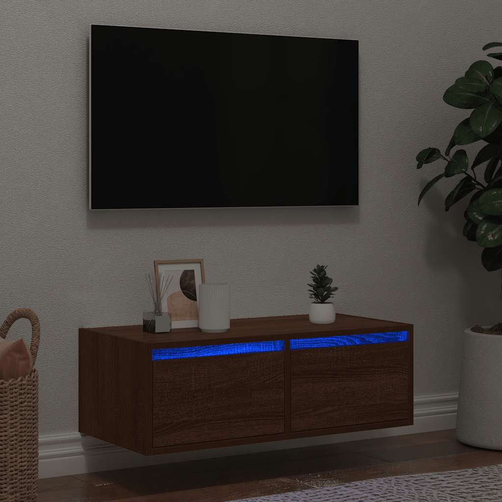 TV Cabinet with LED Lights Brown Oak 75x35.5x25 cm - Decor Base
