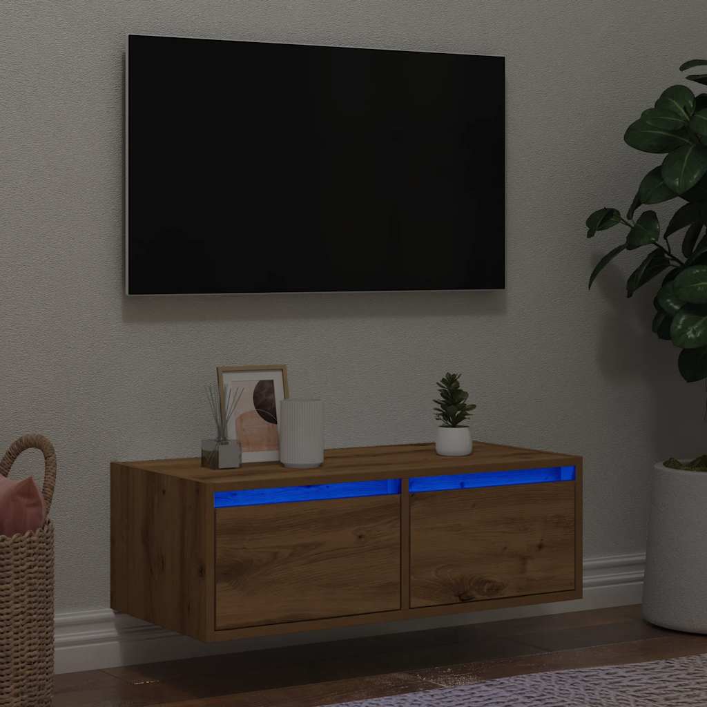 TV Cabinet with LED Lights Artisan Oak 75x35.5x25 cm - Design Hut