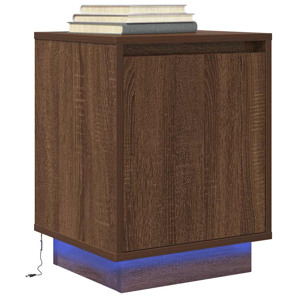 Bedside Cabinet with LED Lights Brown Oak 38x34x50 cm - All Things Good
