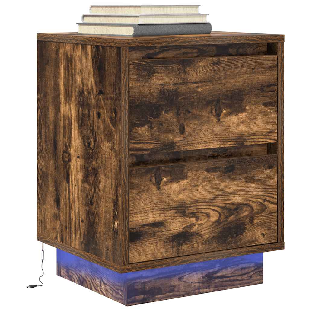 Bedside Cabinet with LED Lights Smoked Oak 38x34x50 cm - Discount Dealers