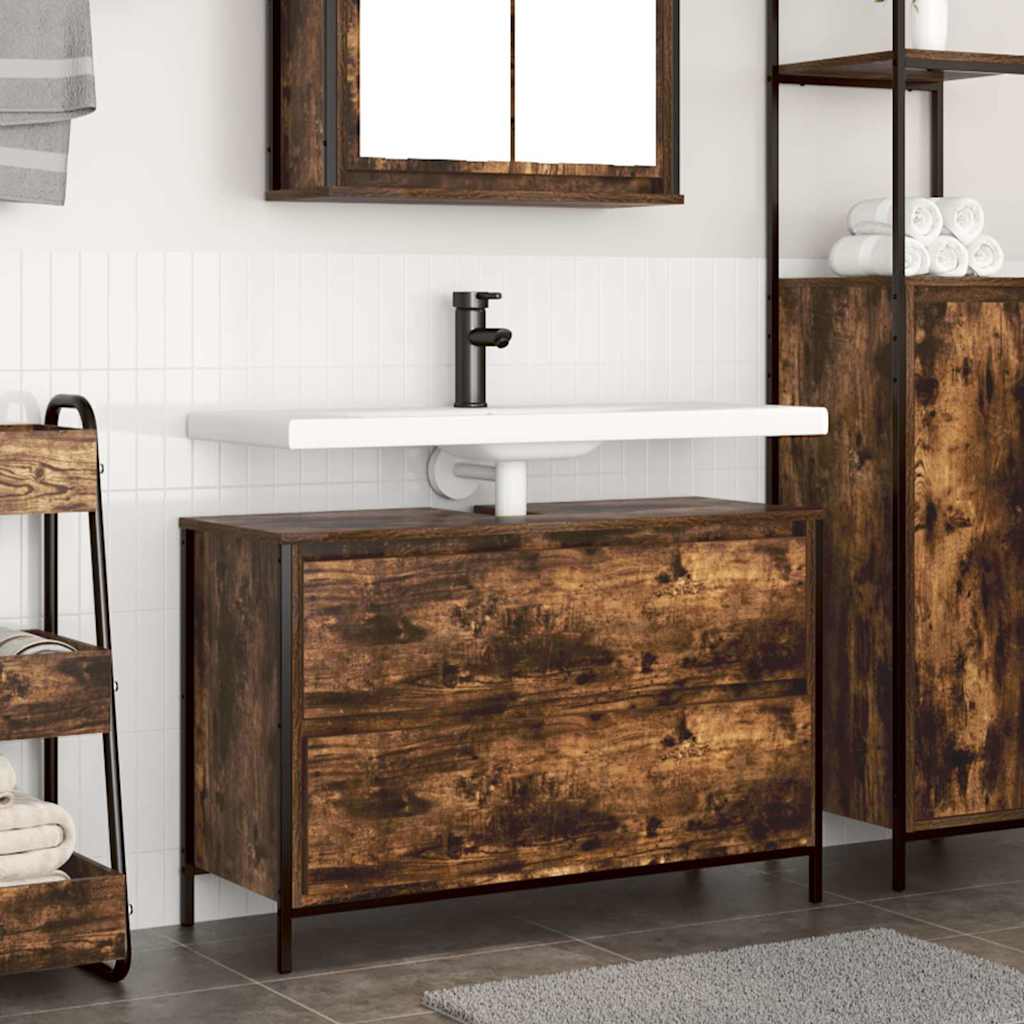 Bathroom Basin Cabinet with Drawers Smoked Oak 90x34.5x60 cm - Merkel Designers