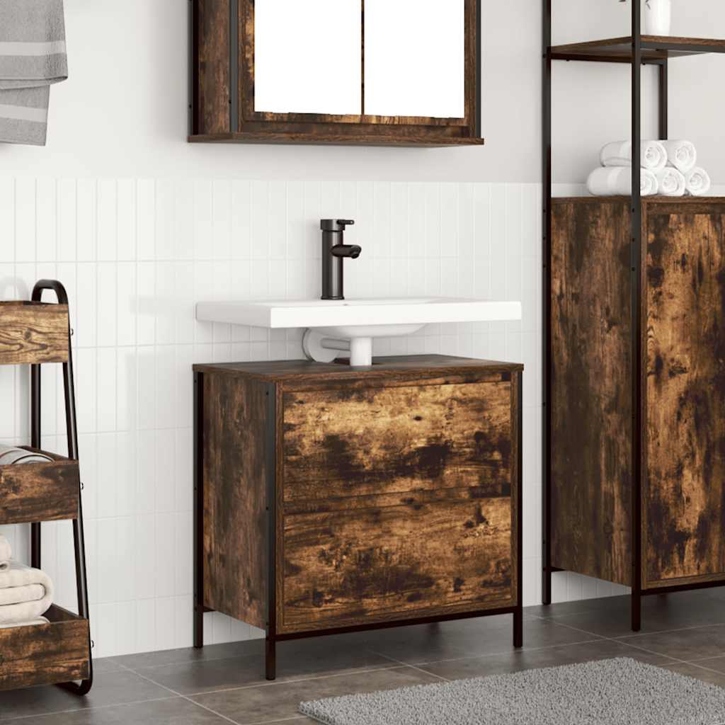 Bathroom Basin Cabinet with Drawers Smoked Oak 60x34.5x60 cm - R and M Furniture