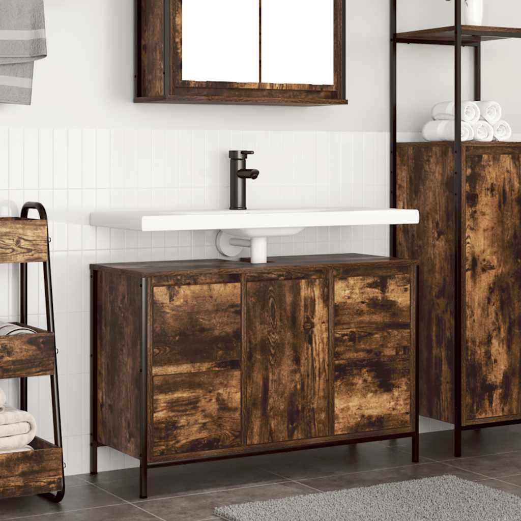 Basin Cabinet with Drawers Smoked Oak 90x34.5x60 cm - Tyrell & Tyrell