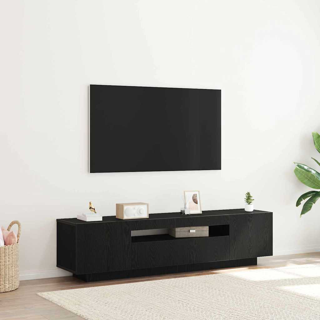 TV Stand with LED Lights - Black Oak, 160x35x40 cm, Made from Engineered Wood - All Things Good