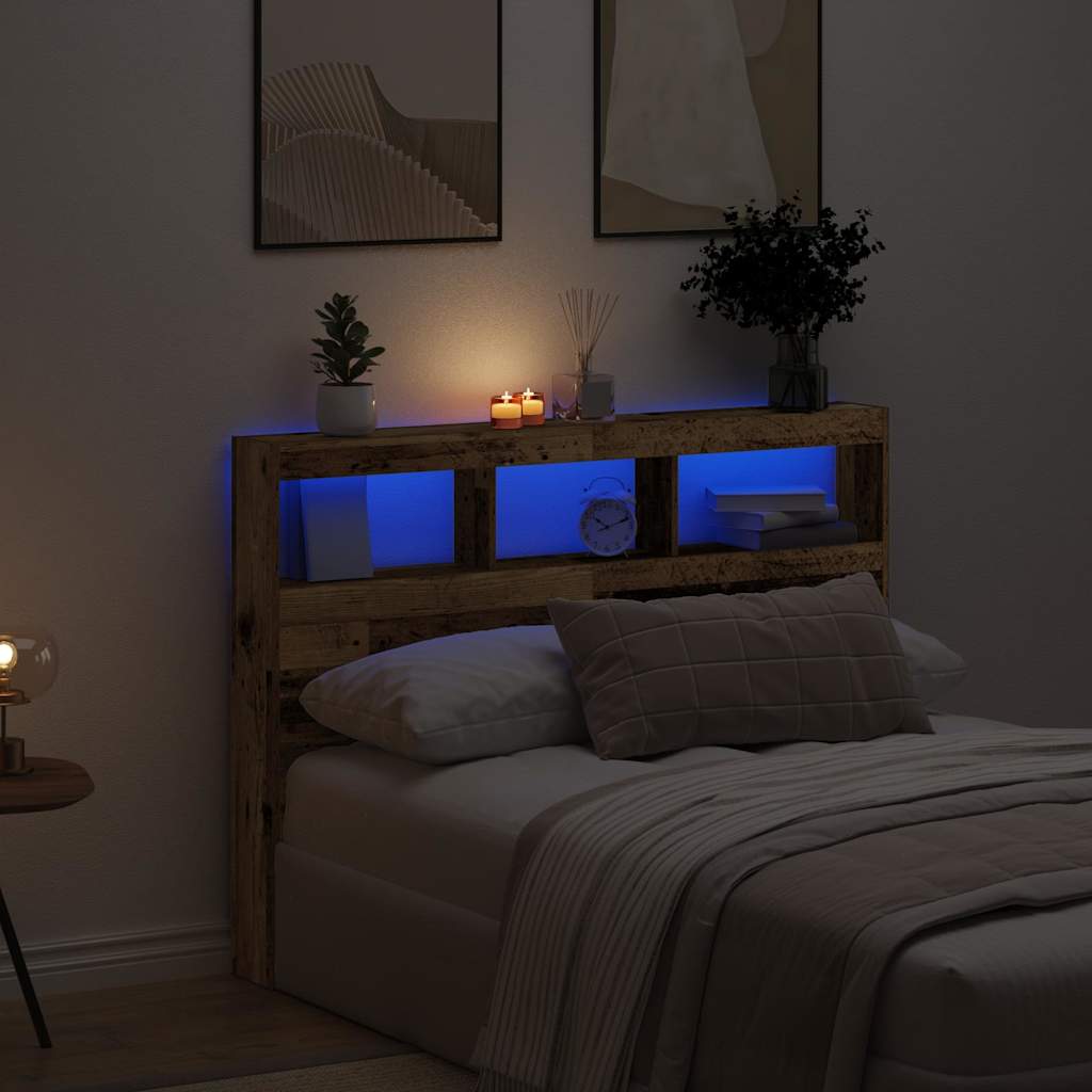 Headboard Cabinet with LED Old Wood 140x17x102 cm - Style and Chic