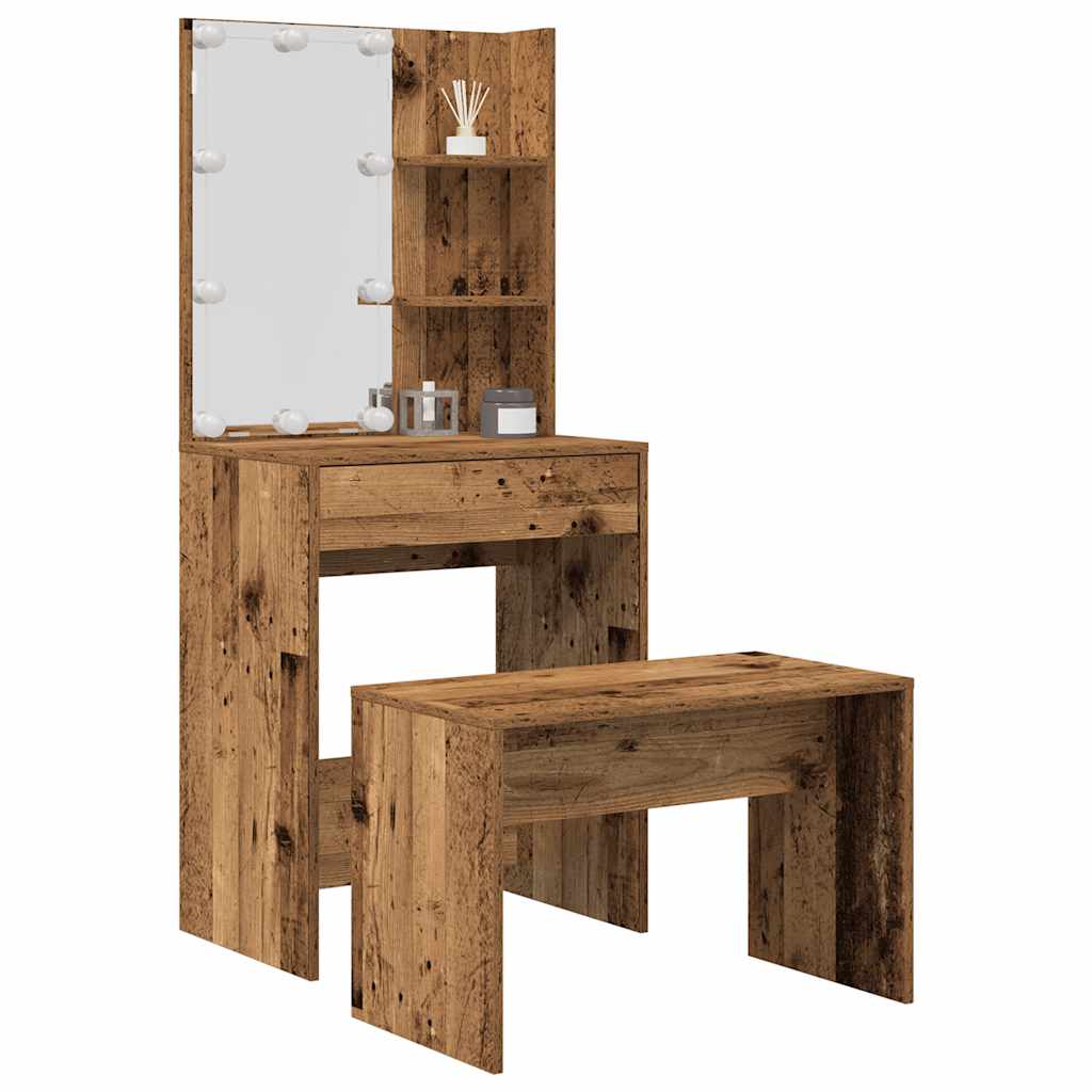 Dressing Table Set with LED Old Wood Engineered Wood - Decor Base