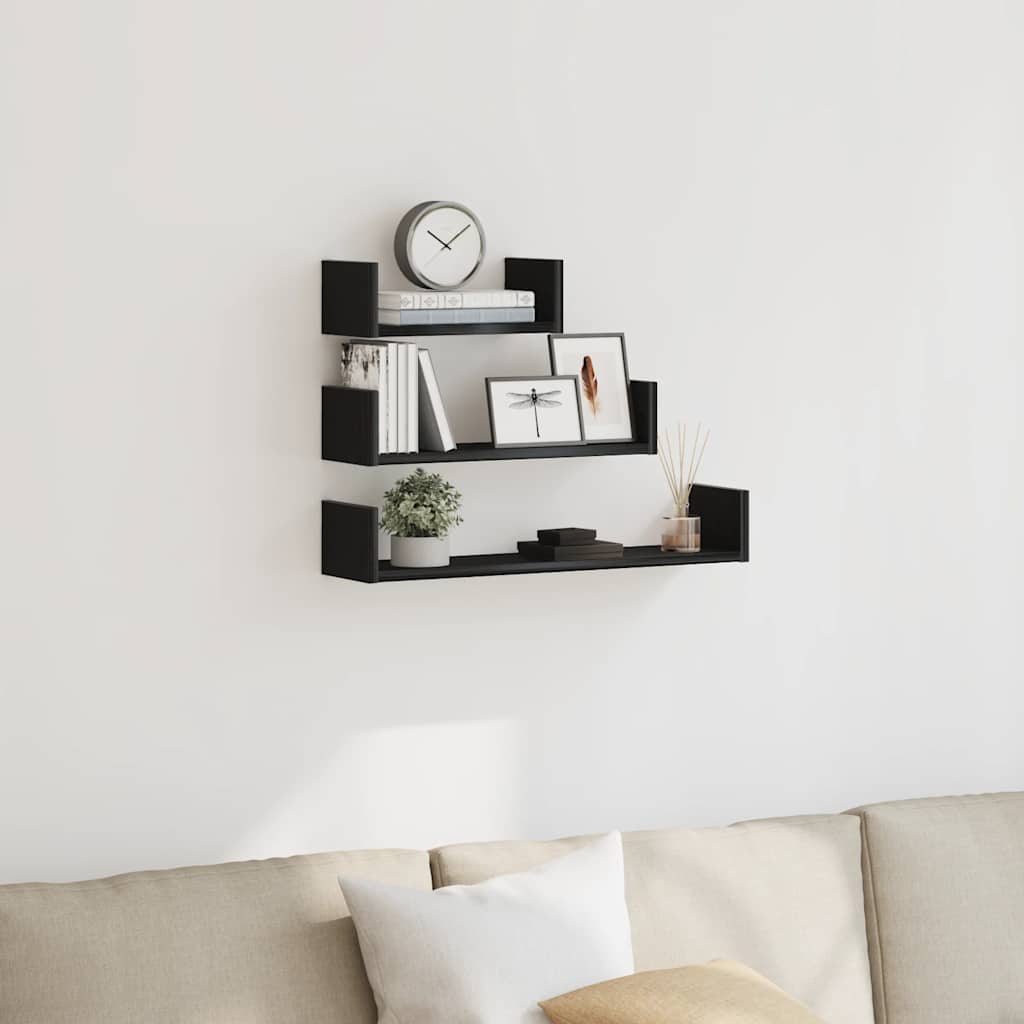 Wall Shelves 3 Pieces Black Oak Engineered Wood - Decor Base