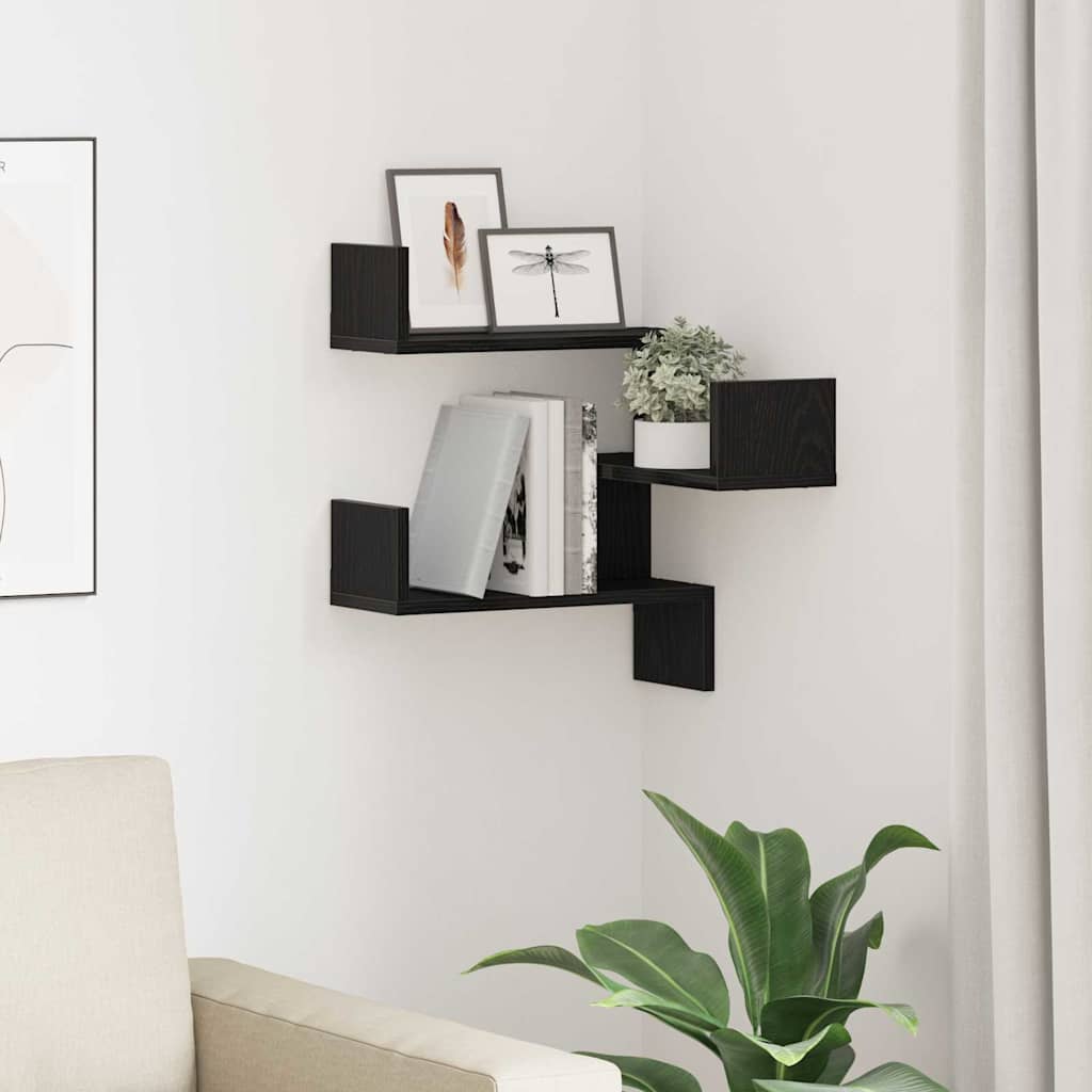 Black Oak Corner Wall Shelf - 40 x 40 x 49.5 cm, Made from Engineered Wood - Charlotte Dunes