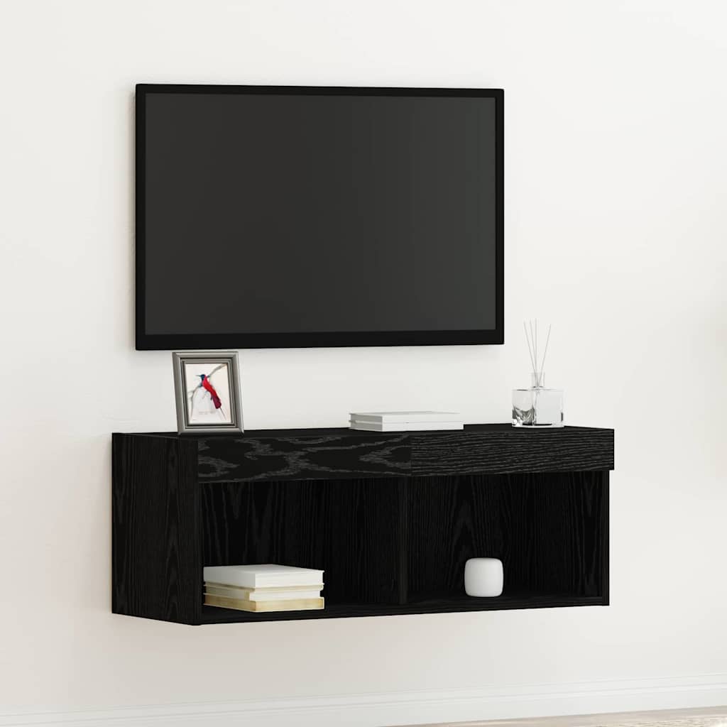 TV Wall Cabinet with LED Lights Black Oak 80x30x30 cm - Merkel Designers