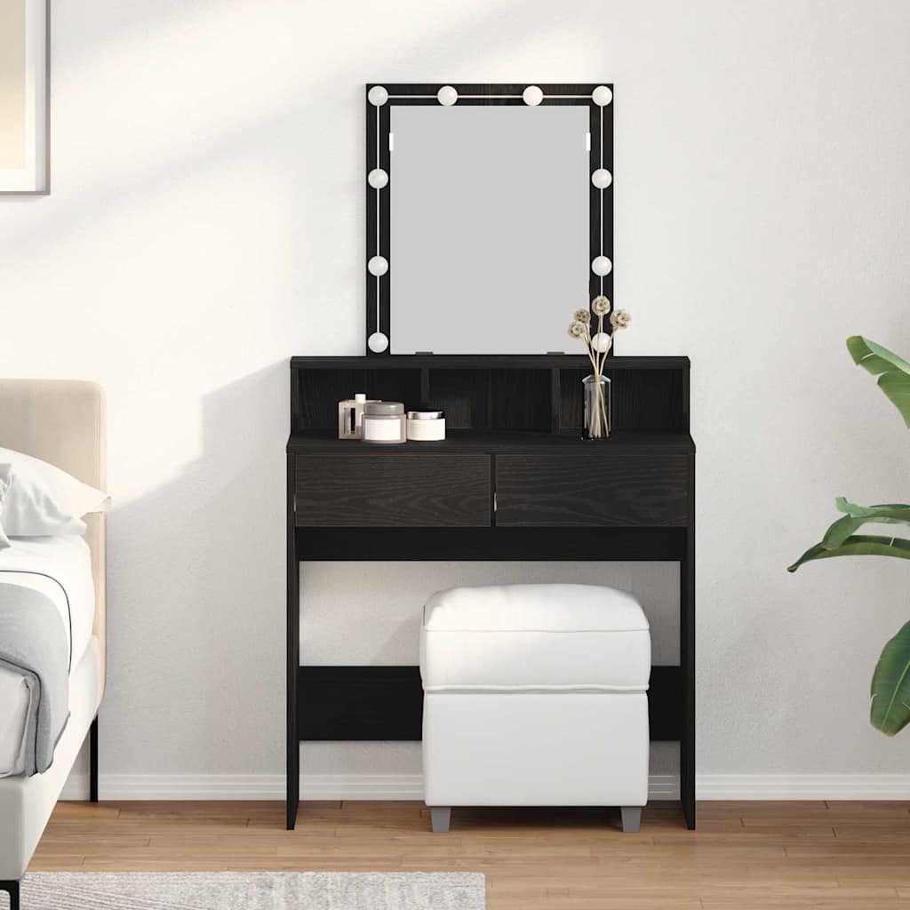 Dressing Table with Mirror&LED Lights Black Oak Engineered Wood - Merkel Designers