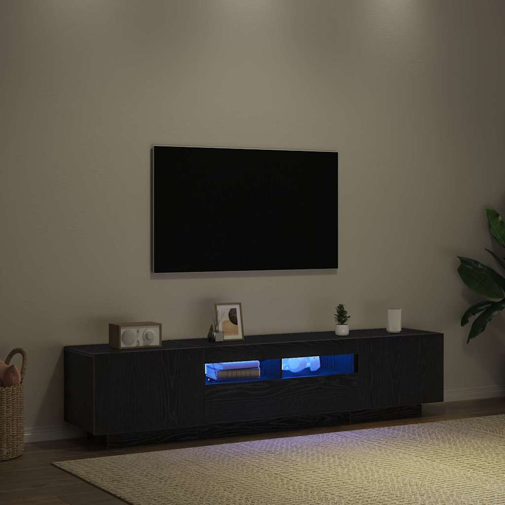 TV Cabinet with LED Lights in Black Oak - 180x35x40 cm, Made of Engineered Wood - Decor Base