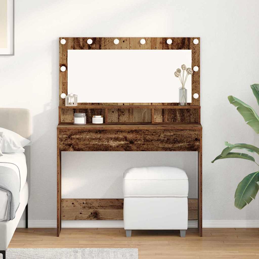 Dressing Table with LED Lights - Vintage Wood - 100x41x135 cm - Decor Base