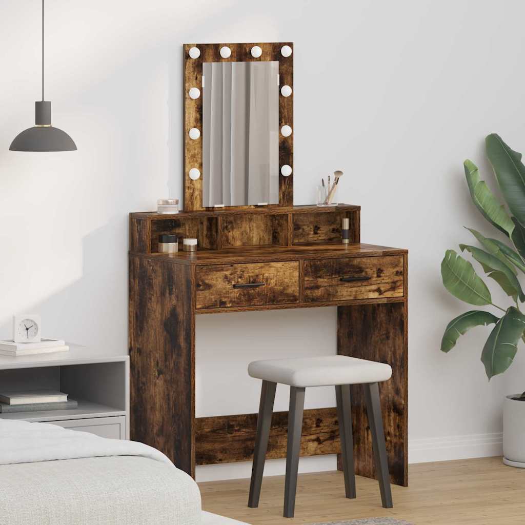 Makeup Table with LED Lights in Smoked Oak - 79x41x140 cm - Merlin Deals