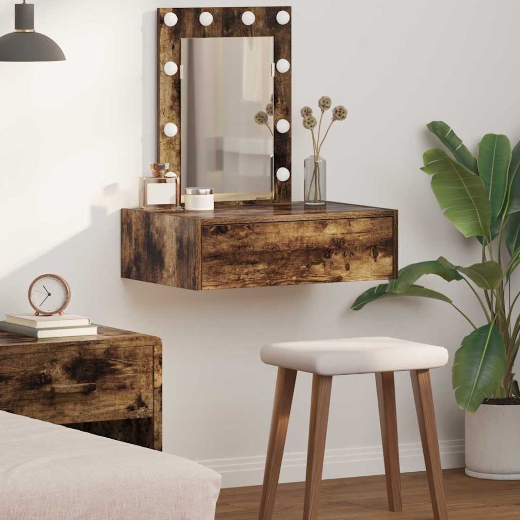 Wall Hanging Dressing Table with LED Lights in Smoked Oak - Charlotte Dunes