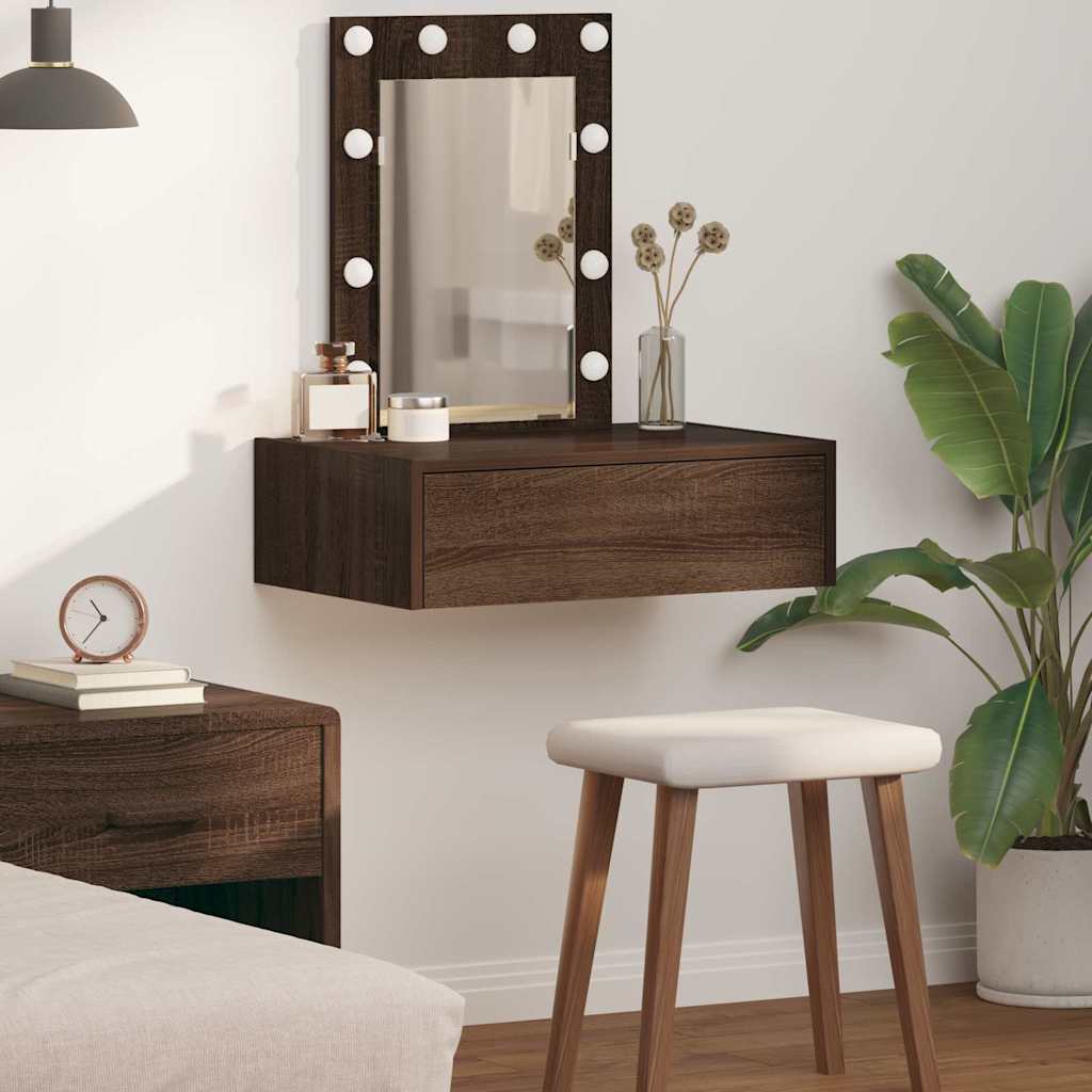Wall Hanging Dressing Table with LED Lights in Brown Oak - Design Hut