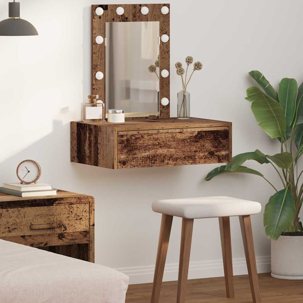 Wall Hanging Dressing Table with LED Lights Old Wood - Merkel Designers