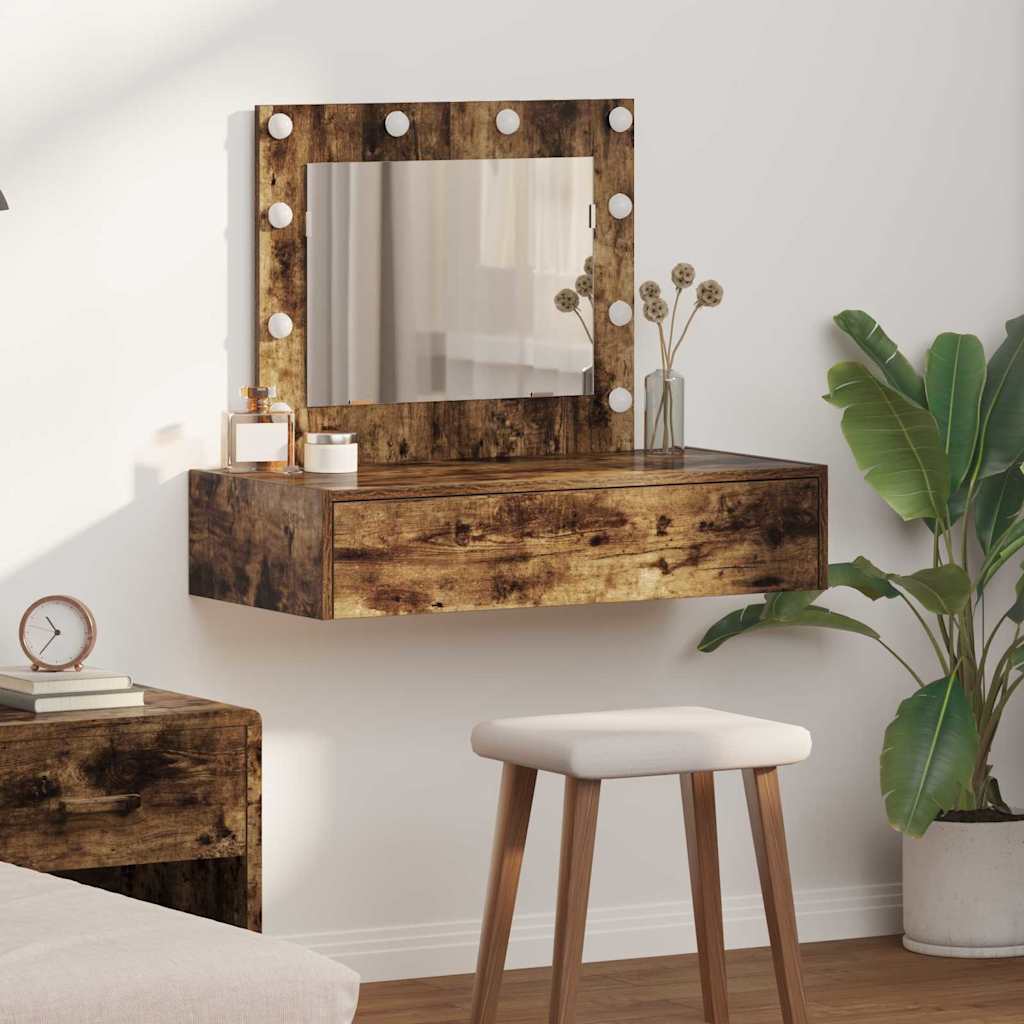 Wall Hanging Dressing Table with LED Lights Smoked Oak - Discount Dealers