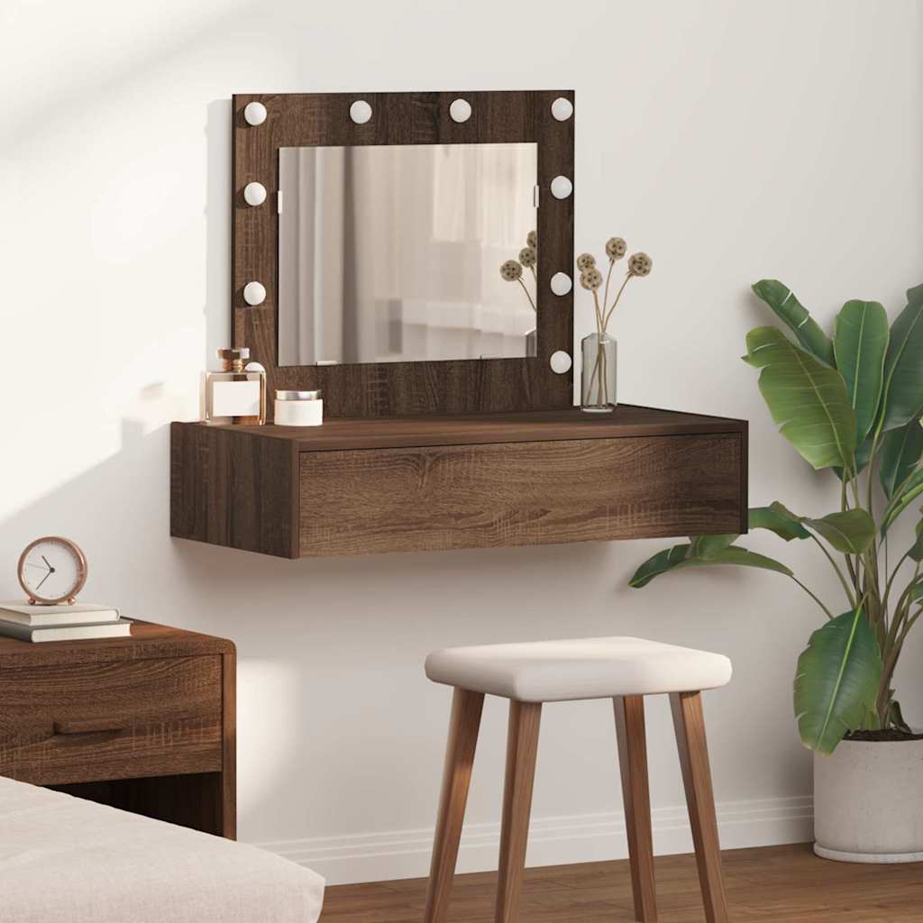Wall Hanging Dressing Table with LED Lights Brown Oak - Direct Imports