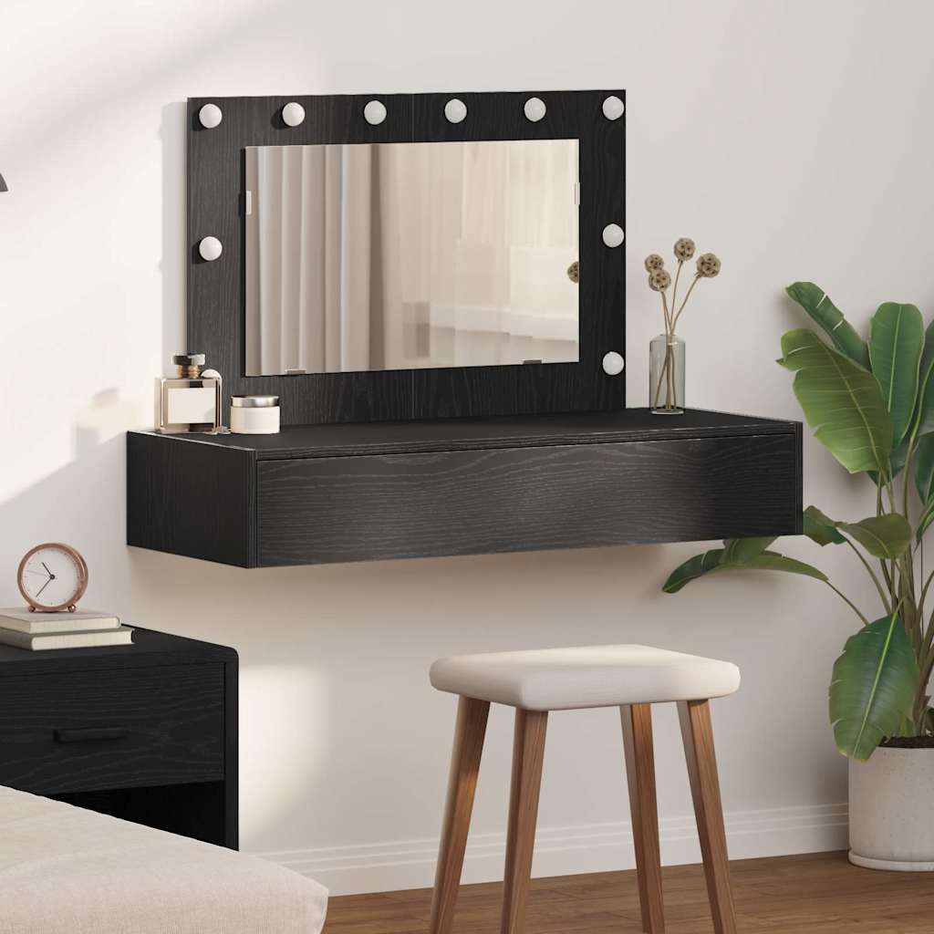 Wall-Mounted Dressing Table with LED Lights in Black Oak - All Things Good