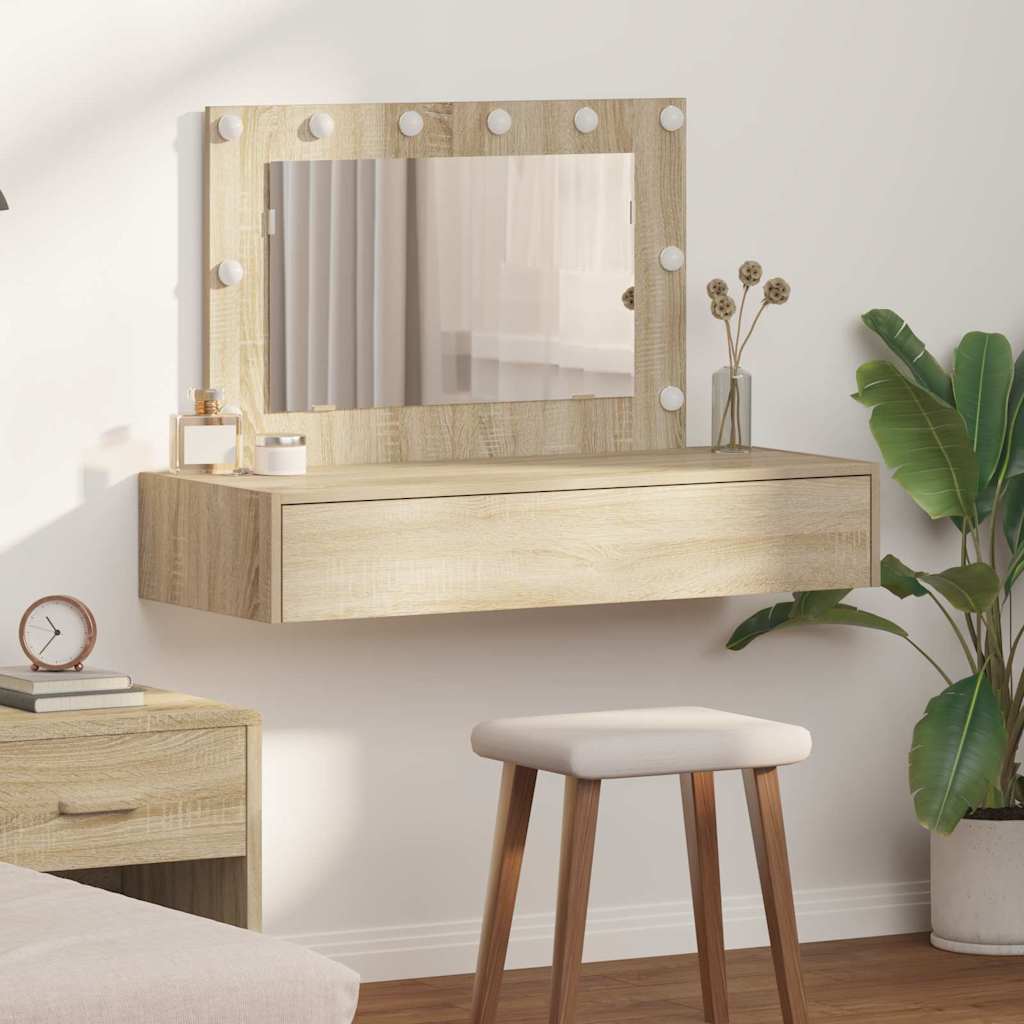 Wall-Mounted Dressing Table with LED Lights in Sonoma Oak - R and M Furniture