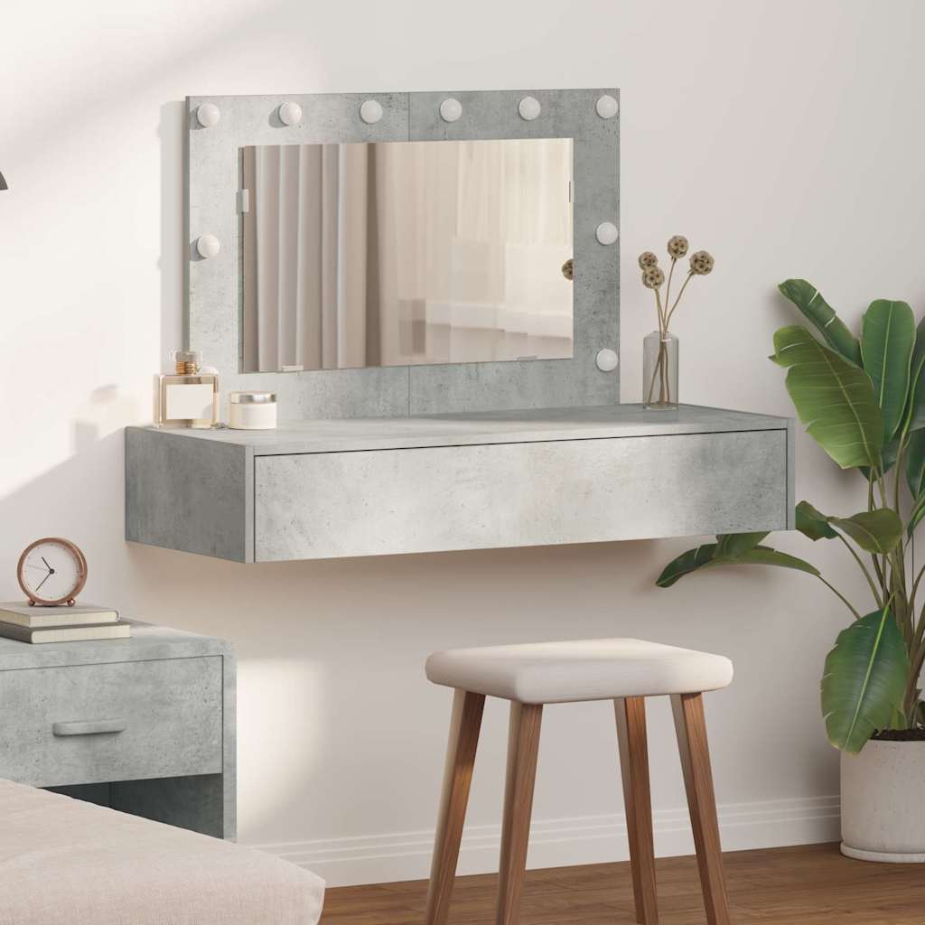 Wall Hanging Dressing Table with LED Lights in Concrete Grey - Direct Imports
