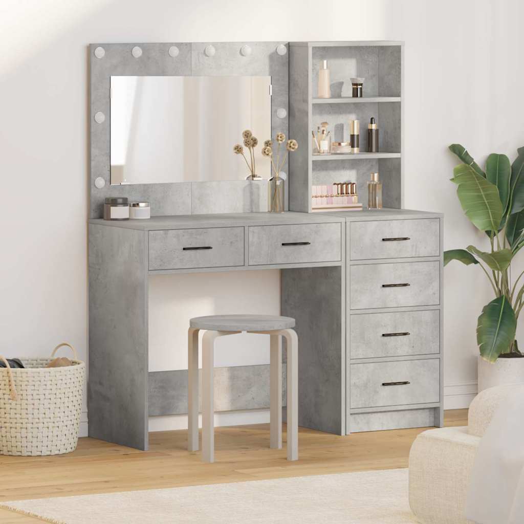 2 Piece Dressing Table Set with LED Concrete Grey Engineered Wood - Direct Imports