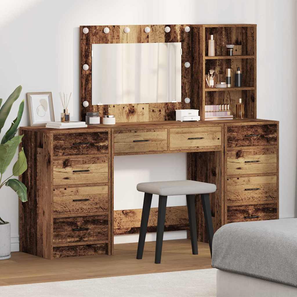 3 Piece Dressing Table Set with LED Old Wood Engineered Wood - Merkel Designers