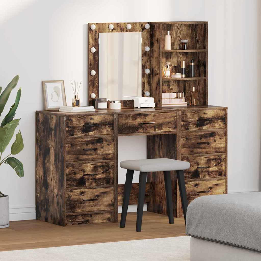 3-Piece Dressing Table Set with LED in Smoked Oak Engineered Wood - Merlin Deals