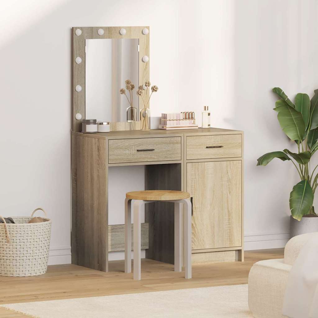 2-Piece Dressing Table Set with LED in Sonoma Oak Engineered Wood - Style and Chic