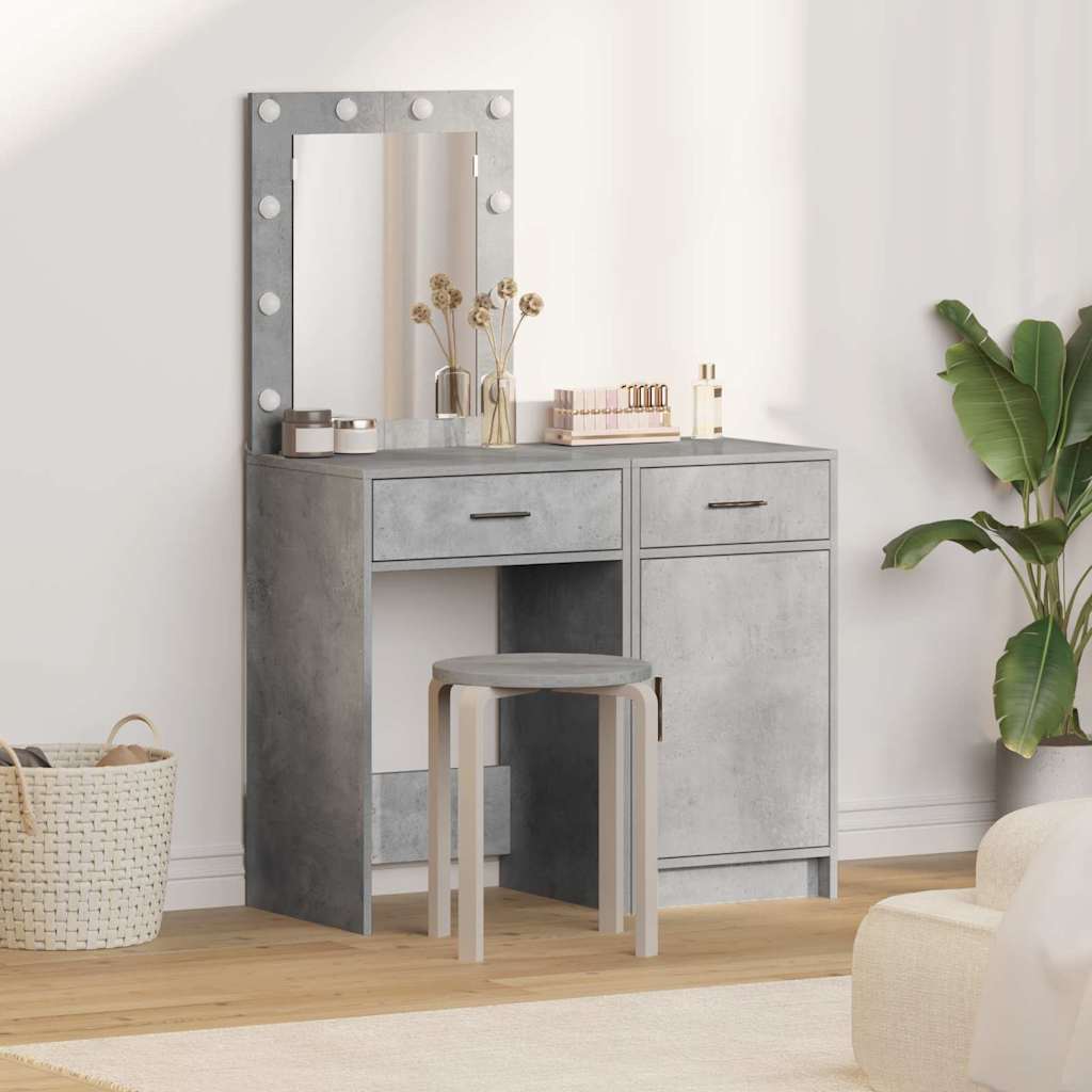 2-Piece Dressing Table Set with LED in Concrete Grey Engineered Wood - Decor Base