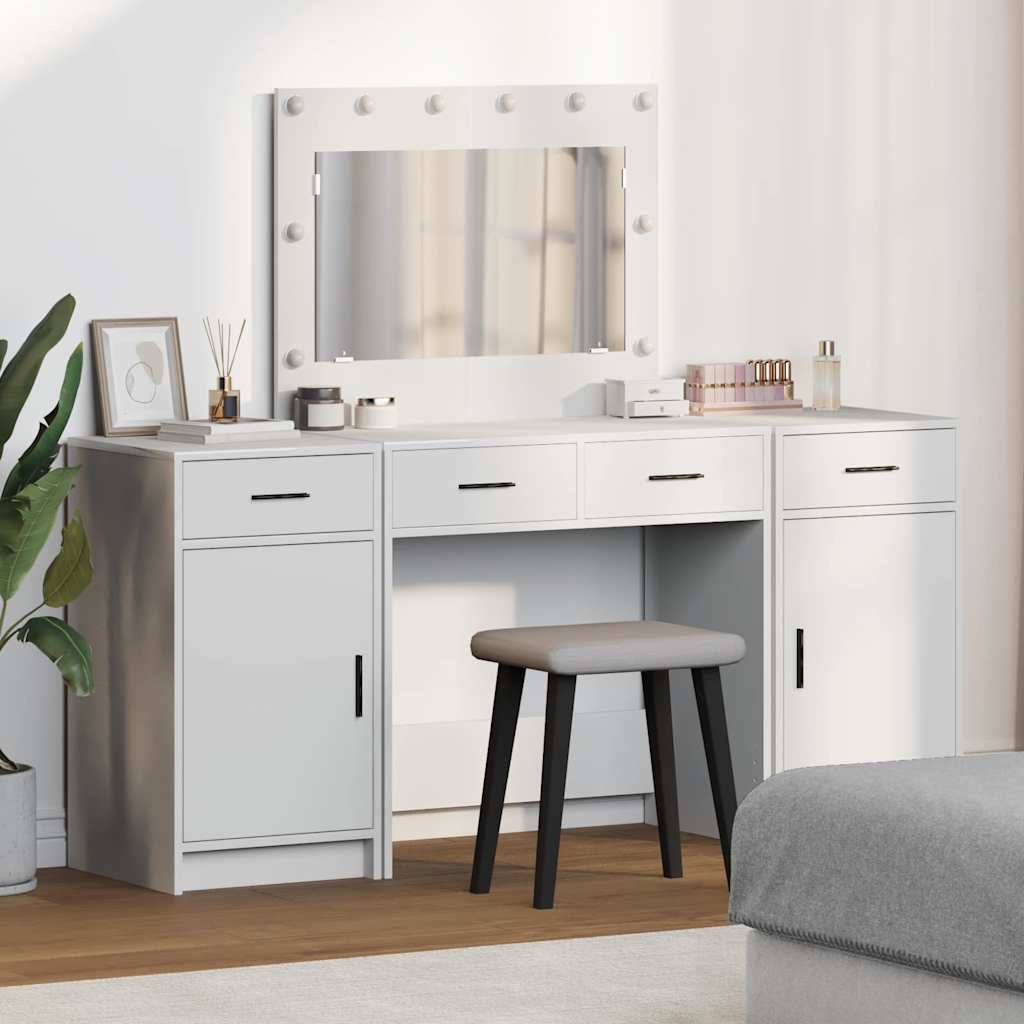 3-Piece Dressing Table Set with LED, White Engineered Wood - Brittle & Co