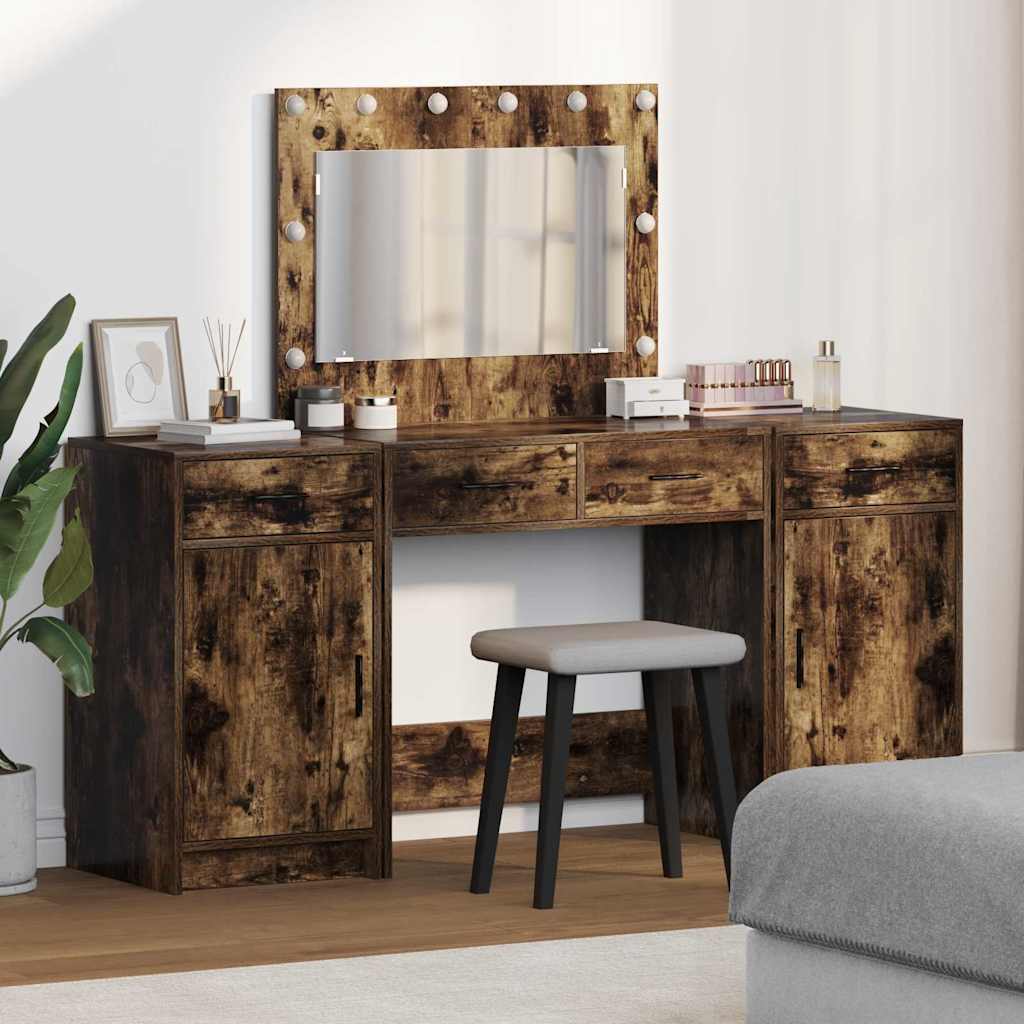 3-Piece Dressing Table Set with LED - Smoked Oak Engineered Wood - Decor Base