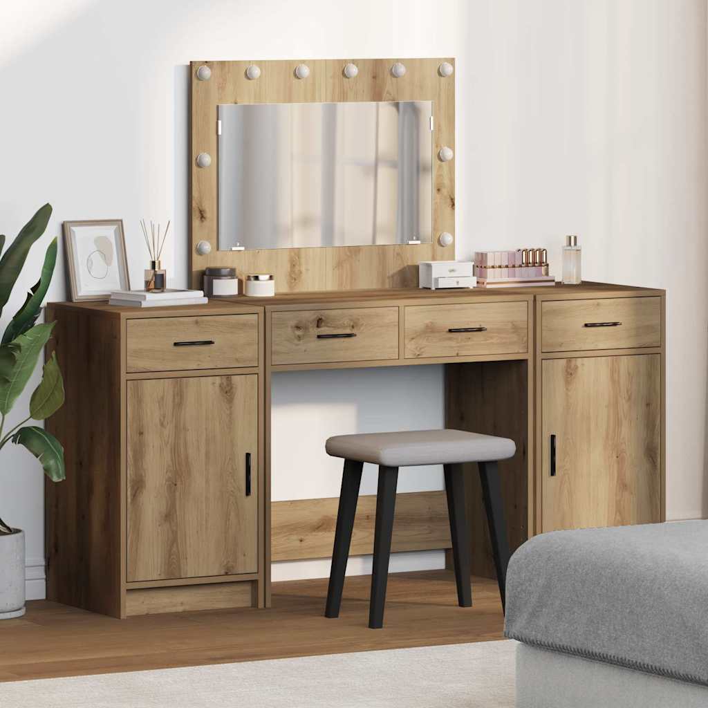 3 Piece Dressing Table Set with LED Artisan Oak Engineered Wood - Unbeatable Bargains