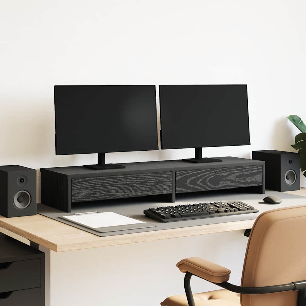 Monitor Stand with Drawers Black Oak 100x27x15cm Engineered Wood - All Things Good