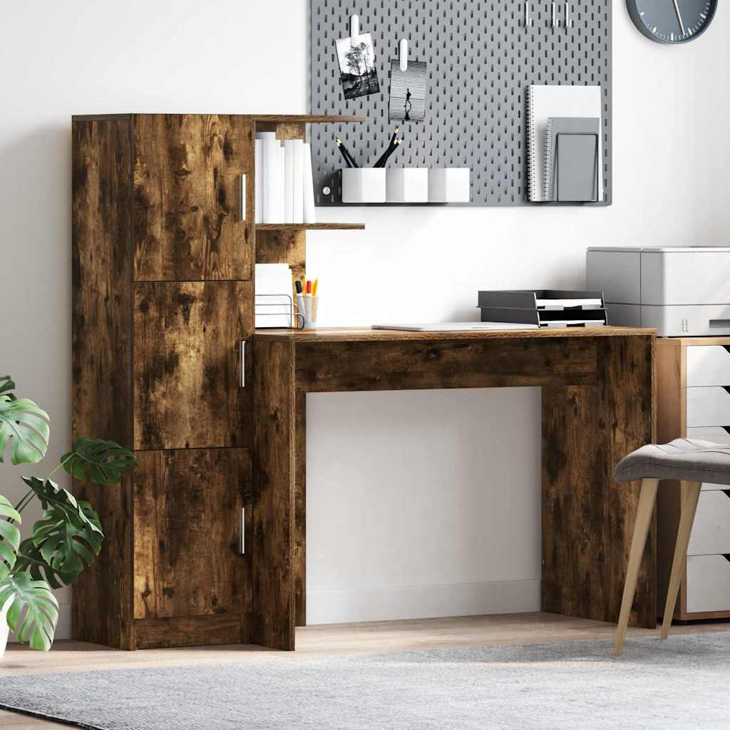 Desk with Storage Smoked Oak Engineered Wood - Unbeatable Bargains