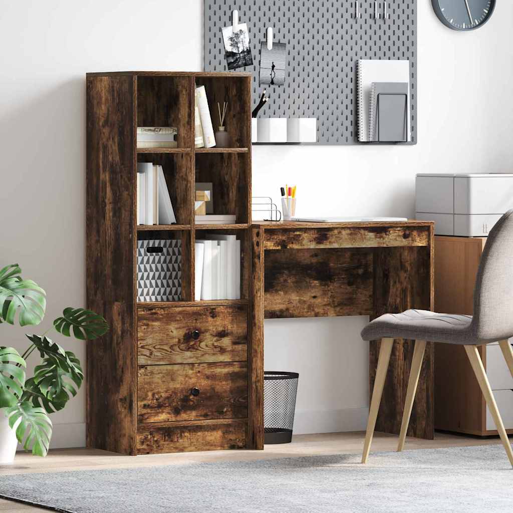 Desk with Storage Smoked Oak Engineered Wood - Decor Base