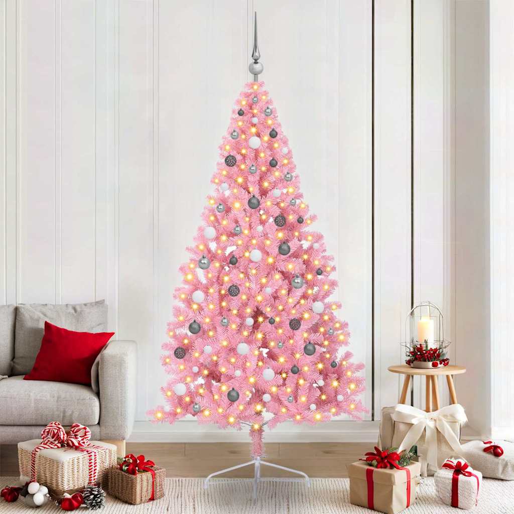 EMBERI Artificial Pre-lit Christmas Tree with 300 LEDs Pink 210 cm PVC - The Home Maker