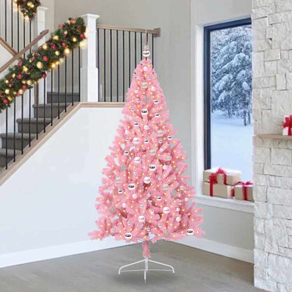 BRIWIN Artificial Pre-lit Christmas Tree with 300 LEDs Pink 240 cm PVC - Direct Imports