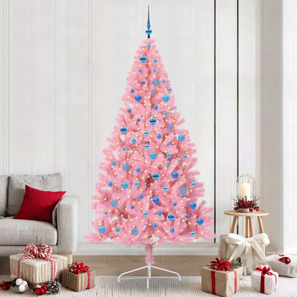 BRIWIN Artificial Pre-lit Christmas Tree with 300 LEDs Pink 240 cm PVC - R and M Furniture