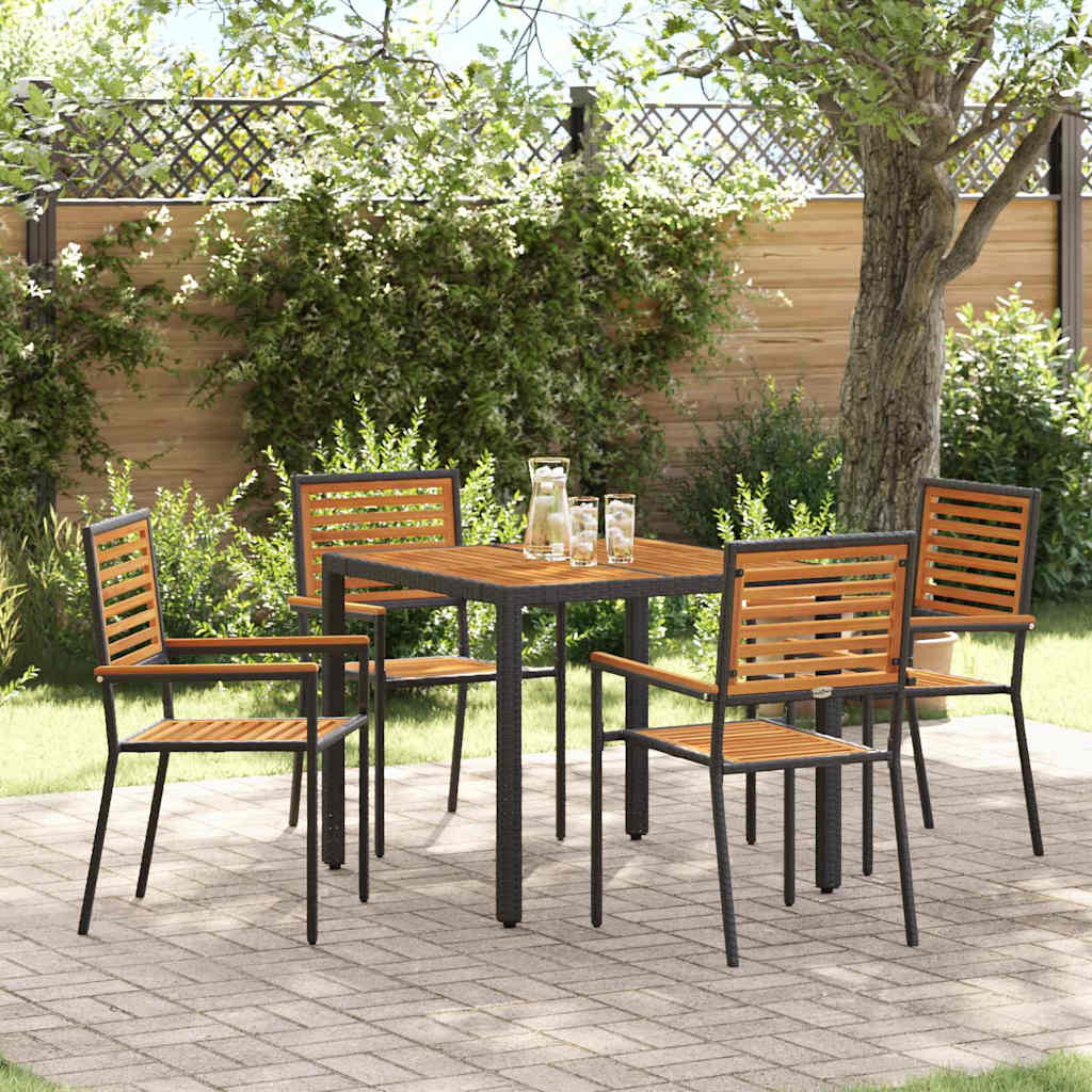 5 Piece Garden Dining Set Black Poly Rattan Acacia - Sid & Sam