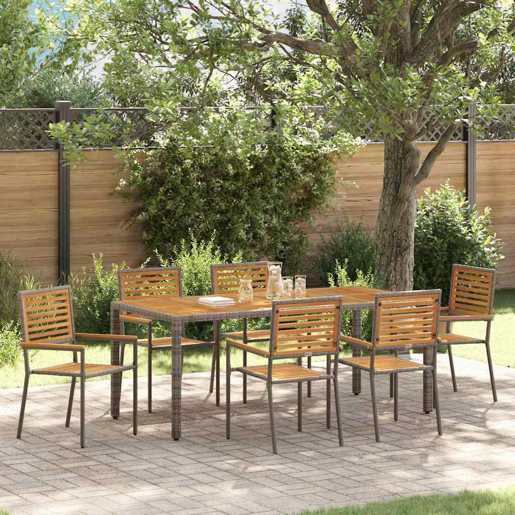 7 Piece Garden Dining Set Grey Poly Rattan Acacia - Decor Base