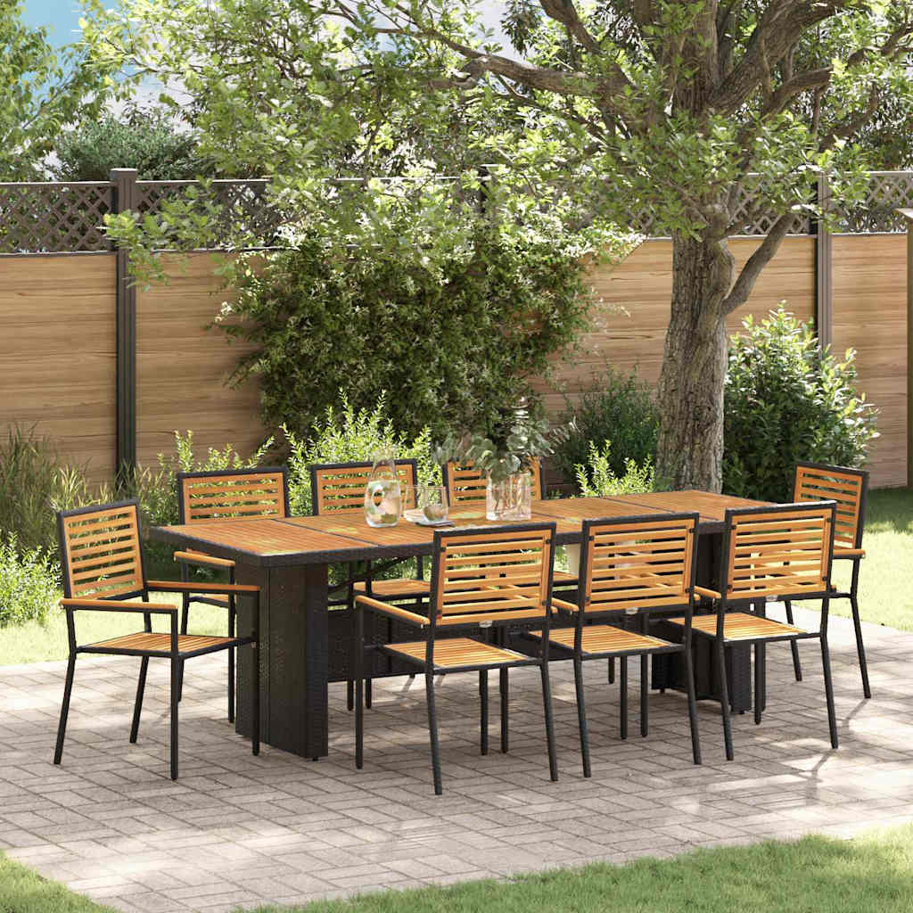 9 Piece Garden Dining Set Black Poly Rattan Acacia - Style and Chic