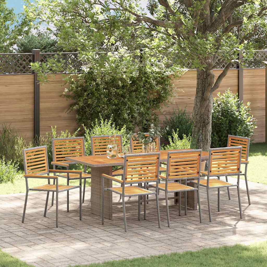 9 Piece Garden Dining Set Grey Poly Rattan Acacia - Tyrell & Tyrell